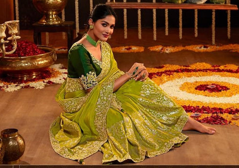 Vasthrlay Jacquard Embroidery Green Ethnic Wear