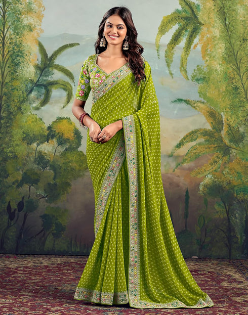 Vasthrlay Embroidery Traditional Light Green Saree With Unstitched Blouse Piece