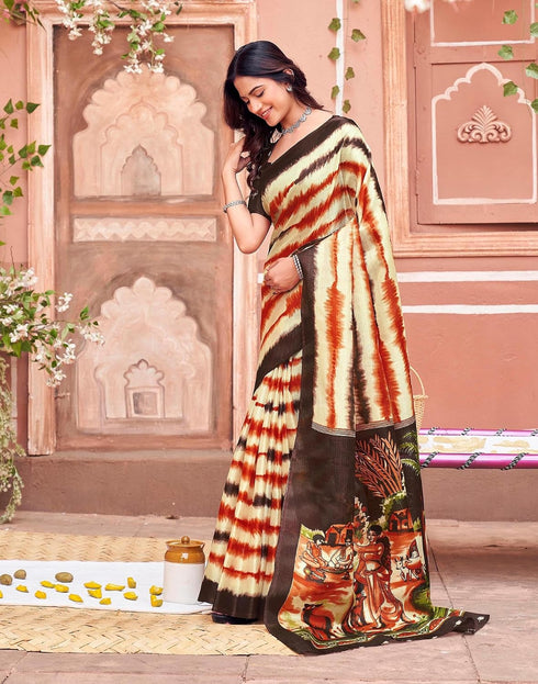 Vasthrlay Womens Abstract Beige Saree With Brown Unstitched Blouse Piece