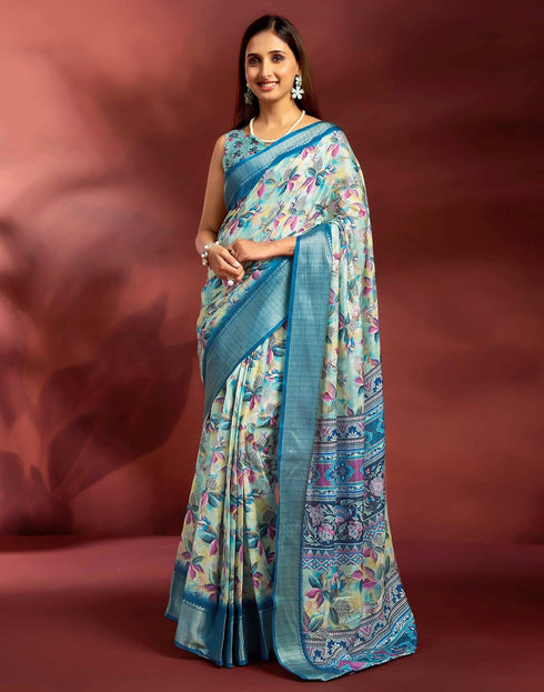Vasthrlay Printed Jacquard Unstitched Rama Green Saree