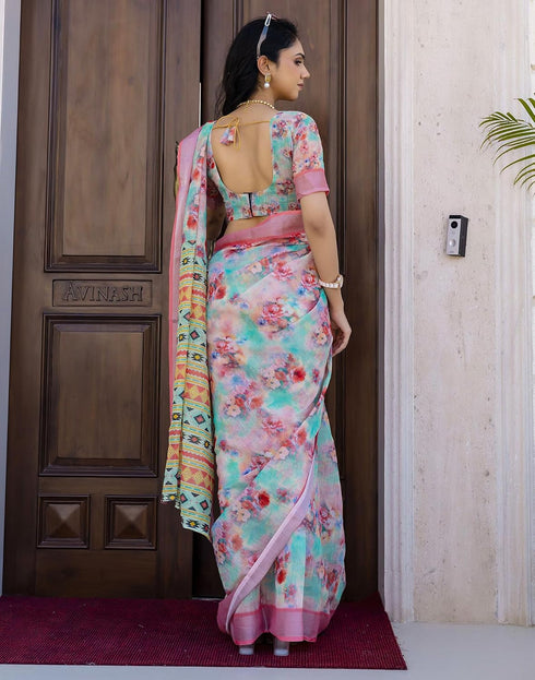Vasthrlay Womens Cotton Light Teal Green Saree With Unstitched Blouse Piece