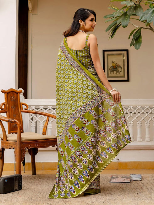 Vasthrlay Womens Printed Light Olive Green Saree With Unstitched Blouse Piece