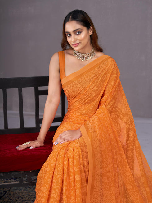 Vasthrlay Orange Chiffon Floral Saree