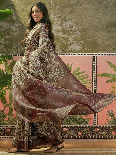 Vasthrlay Womens Printed Unstitched Beige Saree