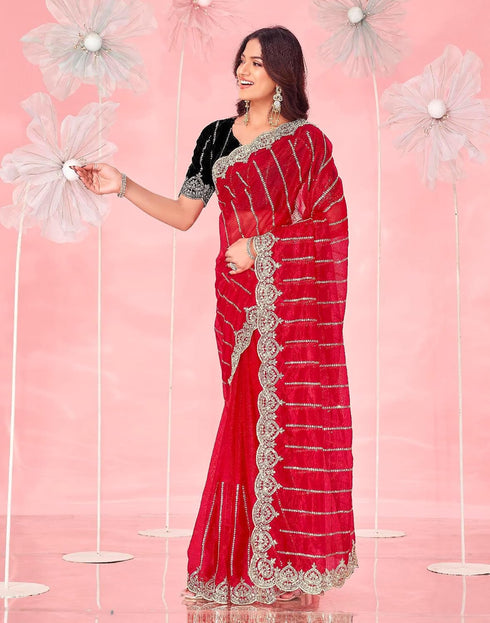 Vasthrlay Embroidery Scalloped Red Saree With Black Unstitched Blouse Piece