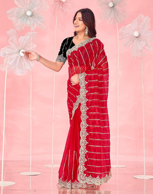 Vasthrlay Embroidery Scalloped Unstitched Red Saree