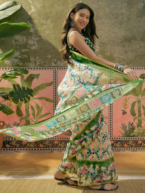 Vasthrlay Womens Printed Unstitched Beige Saree
