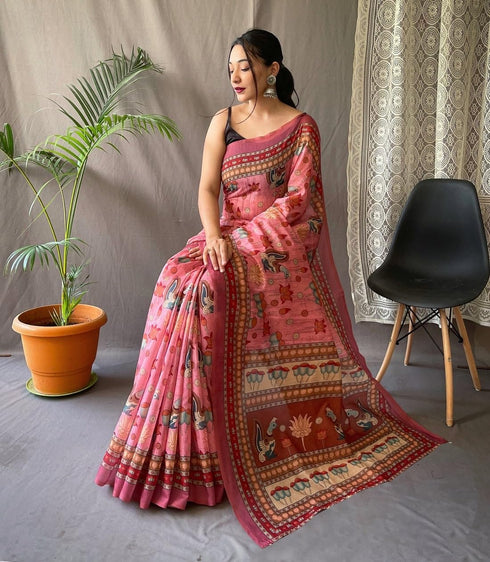 Vasthrlay Pink Printed Unstitched Saree