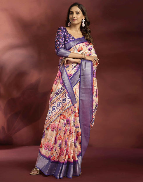 Vasthrlay Womens Printed Peach And Violet Saree With Unstitched Blouse Piece