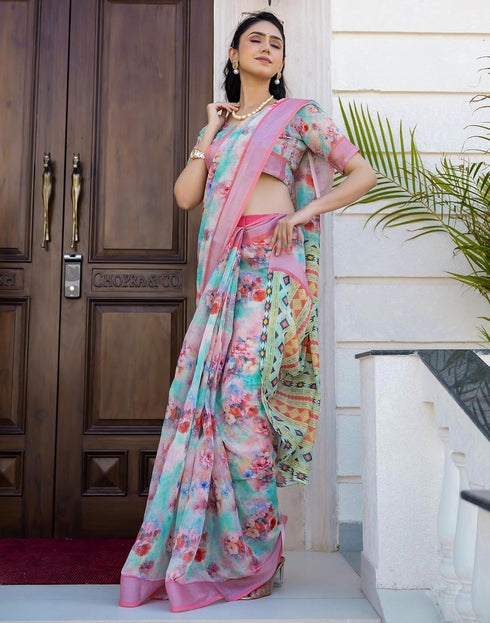 Vasthrlay Womens Cotton Unstitched Teal Saree