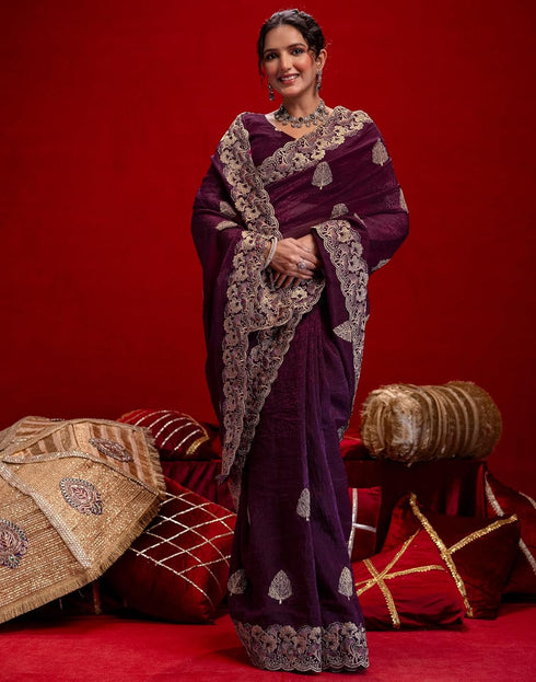 Vasthrlay Embroidery Scalloped Unstitched Maroon Saree