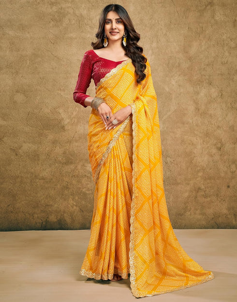 Vasthrlay Chiffon Bandhani Unstitched Yellow Saree