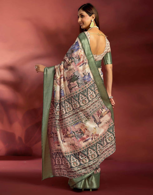 Vasthrlay Printed Jacquard Unstitched Rama Green Saree