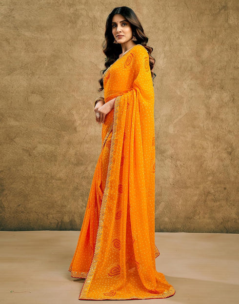 Vasthrlay Georgette Bandhani Yellow And Orange Saree With Unstitched Blouse Piece