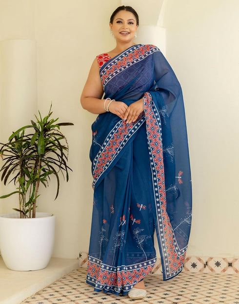 Vasthrlay Chanderi Printed Unstitched Blue Saree
