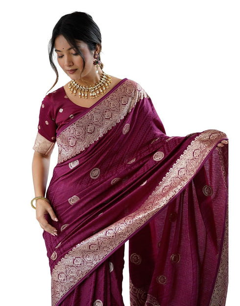 Vasthrlay Banarasi Weaving Magenta Saree With Unstitched Blouse Piece