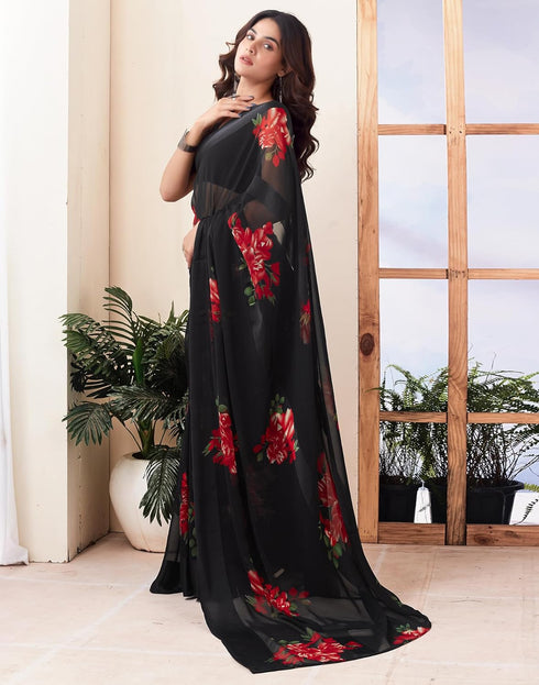 Vasthrlay Georgette Sequence Unstitched Black Saree