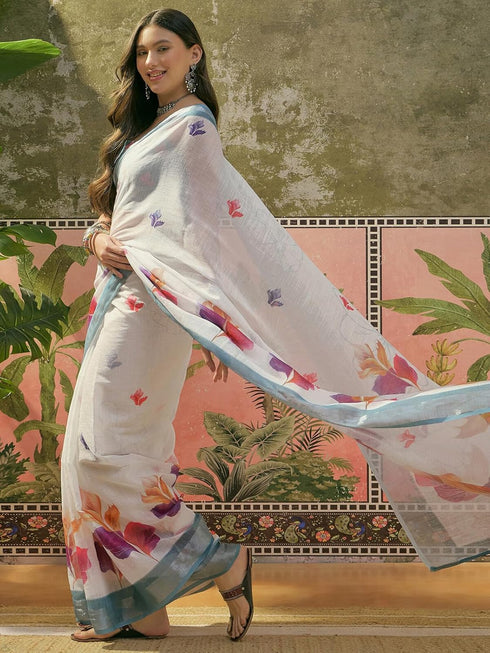 Vasthrlay Womens Printed Unstitched White Saree
