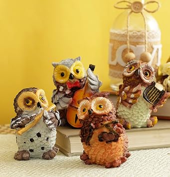 Owls Playing Musical Instruments Showpiece Figurines Garden Statues Decoration