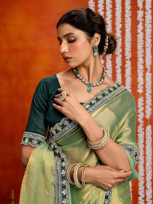 Vasthrlay Shimmer Embroidery Yellow Saree