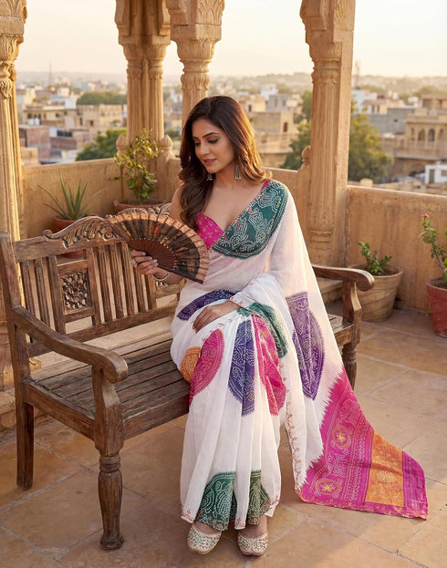 Vasthrlay Chanderi Bandhani Unstitched White Saree