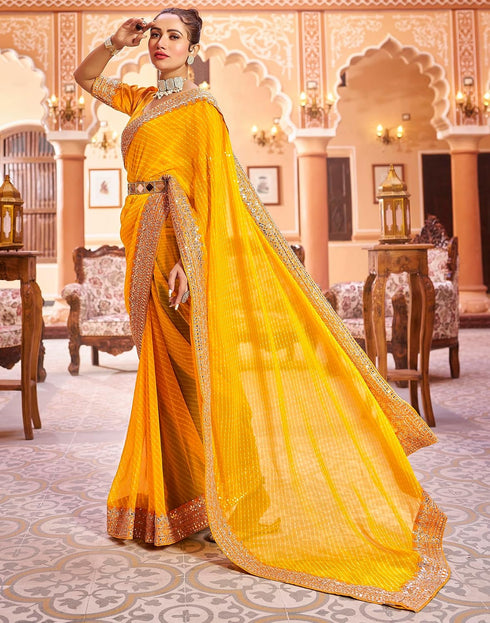 Vasthrlay Embroidery Georgette Light Yellow Saree With Unstitched Blouse Piece