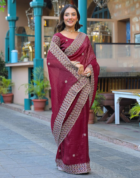 Vasthrlay Embroidery Scalloped Unstitched Maroon Saree
