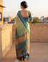 Vasthrlay Womens Printed Teal Blue | Teal Green Saree With Unstitched Blouse Piece