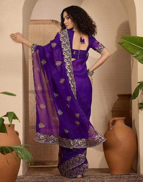 Vasthrlay Embroidery Scalloped Purple Saree With Unstitched Blouse Piece