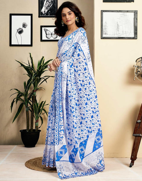 Vasthrlay Womens Printed Unstitched White Saree