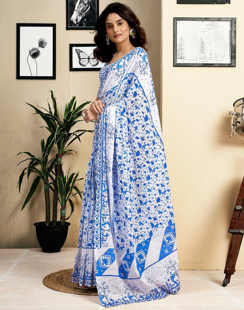 Vasthrlay Womens Printed White And Blue Saree With Unstitched Blouse Piece