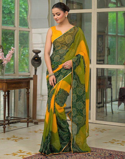 Vasthrlay Georgette Bandhani Unstitched Green Saree