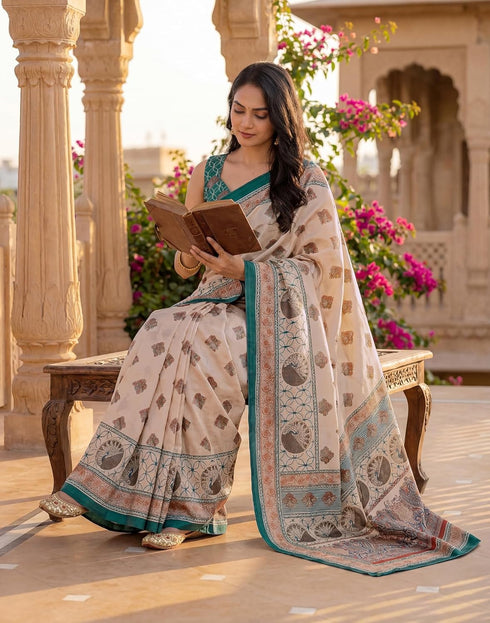 Vasthrlay Womens Printed Unstitched Navy Blue Saree
