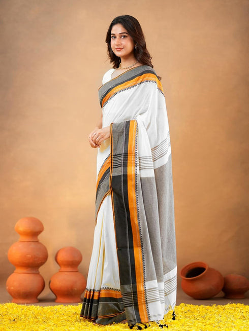Vasthrlay Handloom Unstitched White Ethnic Wear