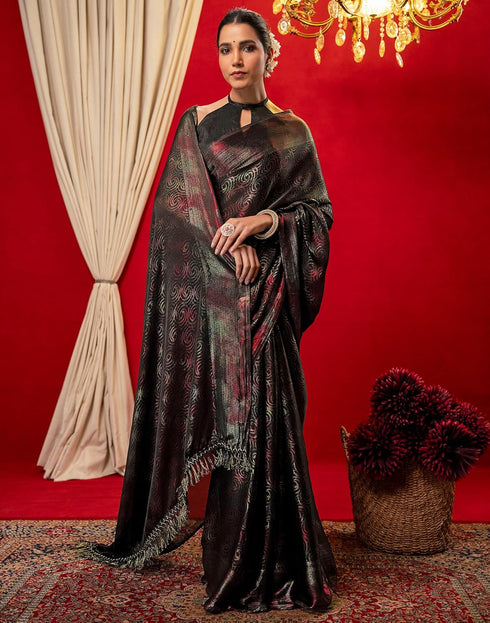 Vasthrlay Chiffon Printed Unstitched Black Saree