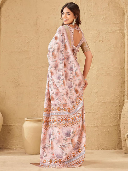 Vasthrlay Printed Jacquard Unstitched Dusty Pink Saree