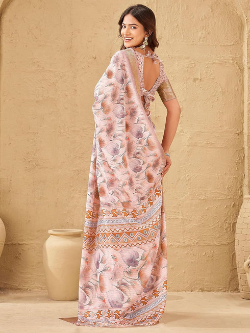 Vasthrlay Printed Jacquard Light Pink Saree With Unstitched Blouse Piece