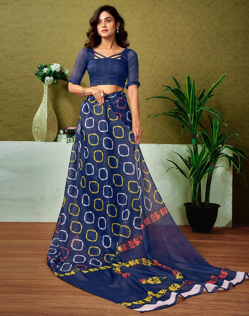 Vasthrlay Chanderi Printed Unstitched Blue Saree