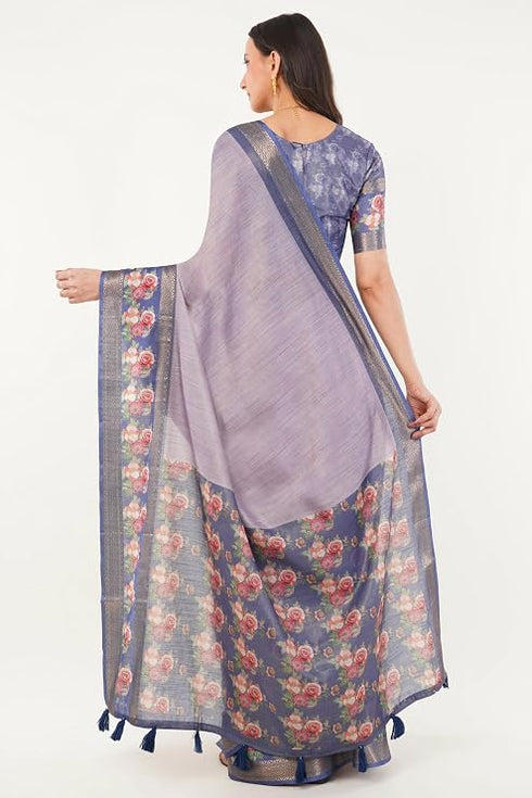 Vasthrlay Lilac Royal Blue Geometric Print Polyester Saree With Dull Gold Zari Border And Unstitched Blouse Piece