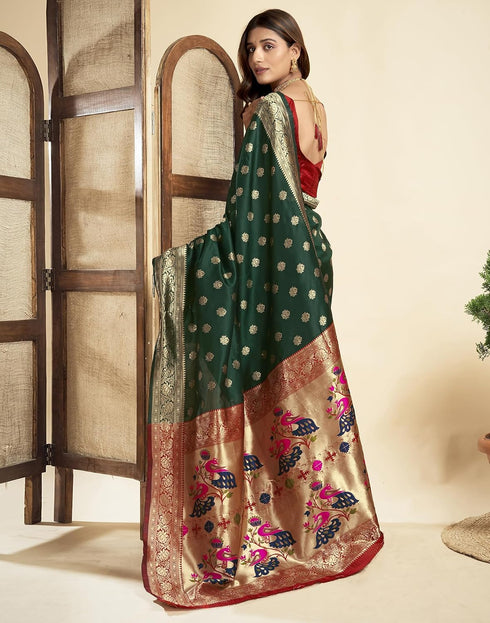 Vasthrlay Jacquard Paithani Dark Green Saree With Red Unstitched Blouse Piece