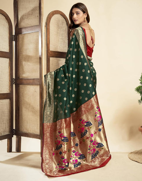 Vasthrlay Jacquard Paithani Unstitched Teal Saree