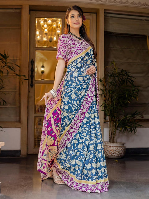 Vasthrlay Womens Printed Light Blue Saree With Unstitched Blouse Piece