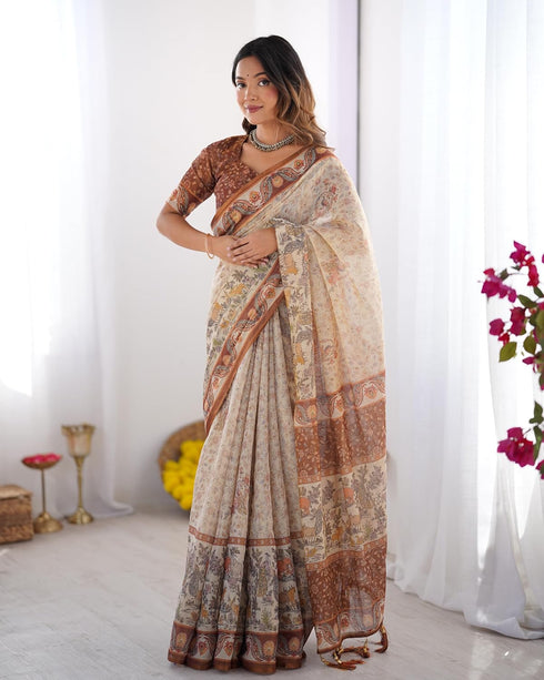 Vasthrlay Beige Blue Traditional Handloom Saree