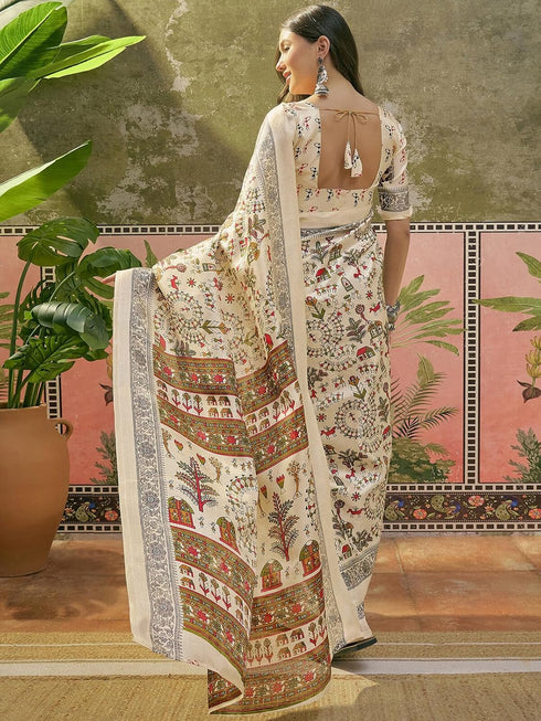 Vasthrlay Womens Printed Beige | Multicolour Saree With Unstitched Blouse Piece