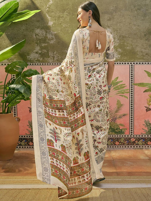 Vasthrlay Womens Printed Unstitched Beige Saree