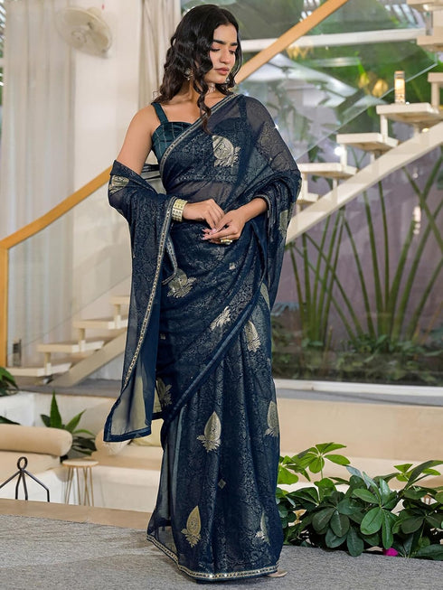 Vasthrlay Georgette Printed Unstitched Green Saree