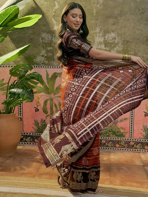 Vasthrlay Georgette Printed Rust Saree With Unstitched Blouse Piece