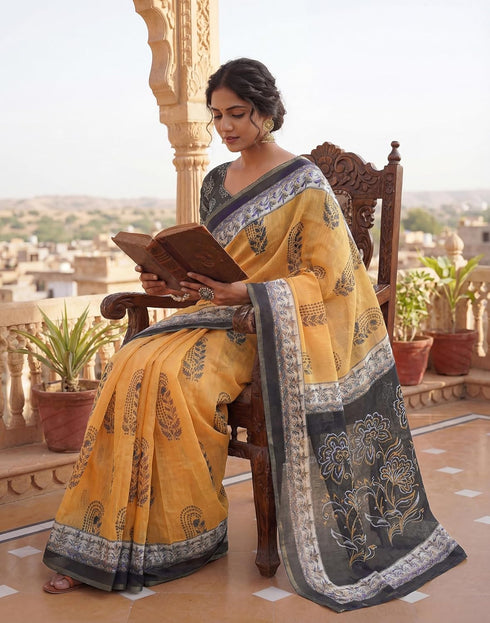 Vasthrlay Womens Printed Unstitched Olive Green Saree