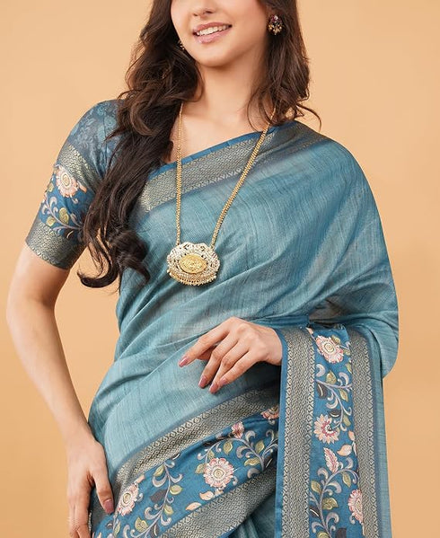 Vasthrlay Teal Blue Textured Polyester Saree With Kalamkari Floral Border And Ruched Unstitched Blouse Piece
