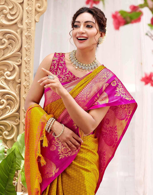 Vasthrlay Banarasi Jacquard Unstitched Mustard Saree